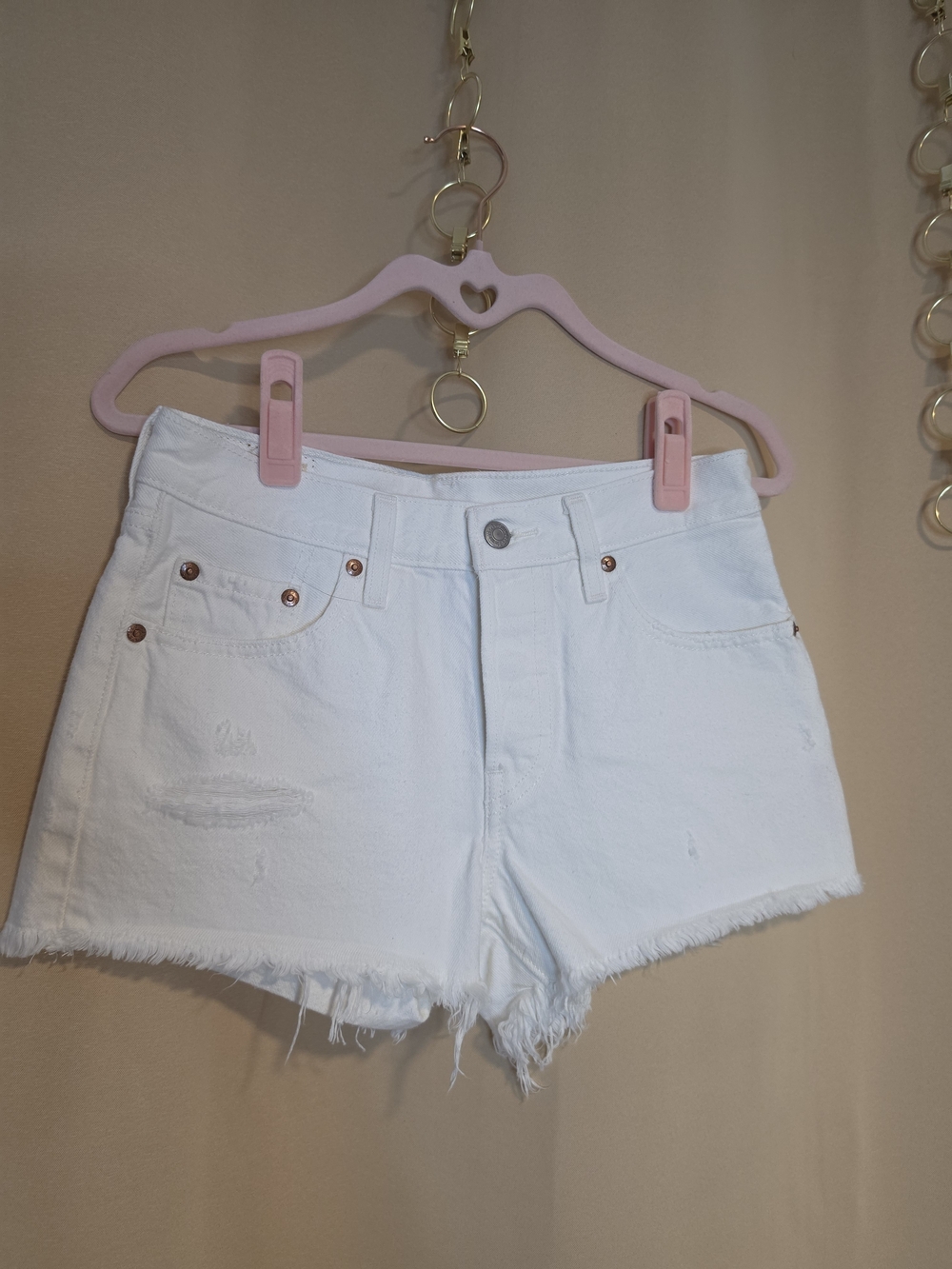 Levis Women's White Denim Frayed Hem Jean Shorts